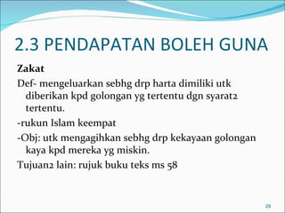 2.3 PENDAPATAN BOLEH GUNA
Zakat
Def- mengeluarkan sebhg drp harta dimiliki utk
  diberikan kpd golongan yg tertentu dgn syarat2
  tertentu.
-rukun Islam keempat
-Obj: utk mengagihkan sebhg drp kekayaan golongan
  kaya kpd mereka yg miskin.
Tujuan2 lain: rujuk buku teks ms 58


                                                    29
 