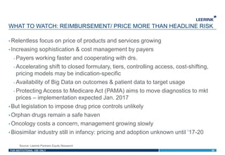 FOR INSTITUTIONAL USE ONLY
WHAT TO WATCH: REIMBURSEMENT/ PRICE MORE THAN HEADLINE RISK
• Relentless focus on price of products and services growing
• Increasing sophistication & cost management by payers
- Payers working faster and cooperating with drs.
- Accelerating shift to closed formulary, tiers, controlling access, cost-shifting,
pricing models may be indication-specific
- Availability of Big Data on outcomes & patient data to target usage
- Protecting Access to Medicare Act (PAMA) aims to move diagnostics to mkt
prices – implementation expected Jan. 2017
• But legislation to impose drug price controls unlikely
• Orphan drugs remain a safe haven
• Oncology costs a concern, management growing slowly
• Biosimilar industry still in infancy: pricing and adoption unknown until ’17-20
28
Source: Leerink Partners Equity Research
 
