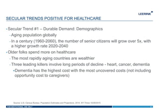 FOR INSTITUTIONAL USE ONLY
• Secular Trend #1 – Durable Demand: Demographics
- Aging population globally
- In a century (1960-2060), the number of senior citizens will grow over 5x, with
a higher growth rate 2020-2040
• Older folks spend more on healthcare
- The most rapidly aging countries are wealthier
- Three leading killers involve long periods of decline - heart, cancer, dementia
Dementia has the highest cost with the most uncovered costs (not including
opportunity cost to caregivers)
SECULAR TRENDS POSITIVE FOR HEALTHCARE
4
Source: U.S. Census Bureau, Population Estimates and Projections, 2014; NY Times 10/26/2015
 