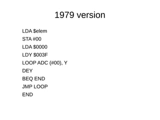 1979 version
LDA $elem
STA #00
LDA $0000
LDY $003F
LOOP ADC (#00), Y
DEY
BEQ END
JMP LOOP
END
 