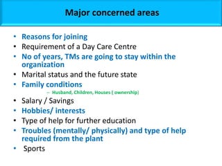 • Reasons for joining
• Requirement of a Day Care Centre
• No of years, TMs are going to stay within the
organization
• Marital status and the future state
• Family conditions
– Husband, Children, Houses ( ownership)
• Salary / Savings
• Hobbies/ interests
• Type of help for further education
• Troubles (mentally/ physically) and type of help
required from the plant
• Sports
Major concerned areas
 