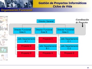 Coordinación de Proyectos Jefe Departamento A 1 Proyecto B Proyecto D Director Funcional Área A Proyecto C Jefe Departamento B 1 Proyecto A Director Funcional Área B Jefe Departamento C 1 Jefe Departamento C 2 Proyecto E Director Funcional Área C Director General Organización Funcional 
