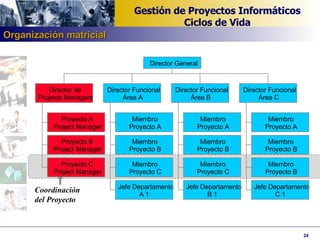 Coordinación del Proyecto Proyecto A Project Manager Proyecto B Project Manager Proyecto C Project Manager Director de Projects Managers Miembro Proyecto A Miembro Proyecto B Miembro Proyecto C Jefe Departamento A 1 Director Funcional Área A Miembro Proyecto A Miembro Proyecto B Miembro Proyecto C Jefe Departamento B 1 Director Funcional Área B Miembro Proyecto A Miembro Proyecto B Miembro Proyecto B Jefe Departamento C 1 Director Funcional Área C Director General Organización matricial 