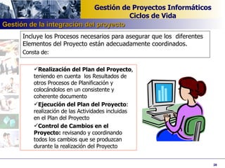 Incluye los Procesos necesarios para asegurar que los  diferentes Elementos del Proyecto están adecuadamente coordinados.  Consta de: Realización del Plan del Proyecto , teniendo en cuenta  los Resultados de otros Procesos de Planificación y colocándolos en un consistente y coherente documento Ejecución del Plan del Proyecto : realización de las Actividades incluidas en el Plan del Proyecto Control de Cambios en el Proyecto:  revisando y coordinando todos los cambios que se produzcan durante la realización del Proyecto Gestión de la integración del proyecto 