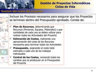Incluye los Procesos necesarios para asegurar que los Proyectos se terminan dentro del Presupuesto aprobado. Consta de: Plan de Recursos , determinando que Recursos (Personas, Equipos, Materiales) y que cantidades de cada uno se deben utilizar para realizar todas las Actividades del Proyecto Estimación de Costos , realizando una aproximación del costo de los Recursos necesarios para terminar todas las Actividades Presupuesto , asignando el costo total estimado a cada uno de los trabajos individuales Control de los Costos , revisando todos los cambios que se produzcan en el Presupuesto del Proyecto Gestión del costo del proyecto 