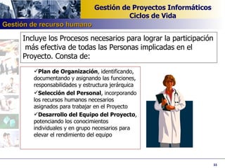 Incluye los Procesos necesarios para lograr la participación  más efectiva de todas las Personas implicadas en el Proyecto. Consta de: Plan de Organización , identificando, documentando y asignando las funciones, responsabilidades y estructura jerárquica Selección del Personal , incorporando los recursos humanos necesarios asignados para trabajar en el Proyecto Desarrollo del Equipo del Proyecto , potenciando los conocimientos individuales y en grupo necesarios para elevar el rendimiento del equipo Gestión de recurso humano 