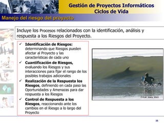 Incluye los  Procesos  relacionados con la identificación, análisis y respuesta a los Riesgos del Proyecto.  Identificación de Riesgos:  determinando que Riesgos pueden afectar al Proyecto y las características de cada uno Cuantificación de Riesgos,  evaluando los Riesgos y sus interacciones para fijar el rango de los posibles trabajos adicionales Realización de la Respuesta los Riesgos , definiendo en cada paso las Oportunidades y Amenazas para dar respuesta a los Riesgos Control de Respuesta a los Riesgos , reaccionando ante los cambios en el Riesgo a lo largo del Proyecto Manejo del riesgo del proyecto 
