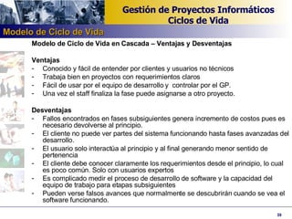 Modelo de Ciclo de Vida en Cascada – Ventajas y Desventajas Ventajas Conocido y fácil de entender por clientes y usuarios no técnicos Trabaja bien en proyectos con requerimientos claros Fácil de usar por el equipo de desarrollo y  controlar por el GP. Una vez el staff finaliza la fase puede asignarse a otro proyecto. Desventajas Fallos encontrados en fases subsiguientes genera incremento de costos pues es necesario devolverse al principio. El cliente no puede ver partes del sistema funcionando hasta fases avanzadas del desarrollo.  El usuario solo interactúa al principio y al final generando menor sentido de pertenencia El cliente debe conocer claramente los requerimientos desde el principio, lo cual es poco común. Solo con usuarios expertos Es complicado medir el proceso de desarrollo de software y la capacidad del equipo de trabajo para etapas subsiguientes Pueden verse falsos avances que normalmente se descubrirán cuando se vea el software funcionando. Modelo de Ciclo de Vida 