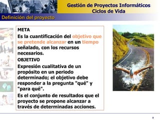 META  Es la cuantificación del  objetivo que se pretende alcanzar  en un  tiempo  señalado, con los recursos necesarios.   OBJETIVO  Expresión  cualitativa  de un propósito en un periodo determinado; el objetivo debe responder a la pregunta "qué" y "para qué".  Es el conjunto de resultados que el proyecto se propone alcanzar a través de determinadas acciones.  Definición del proyecto 