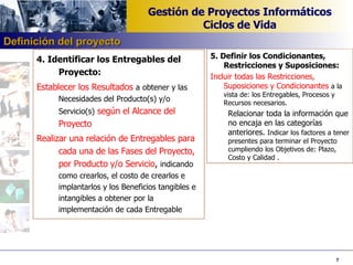 4. Identificar los Entregables del Proyecto: Establecer los Resultados   a   obtener y las Necesidades del Producto(s) y/o Servicio(s)   según el Alcance del Proyecto Realizar una relación de Entregables para cada una de las Fases del Proyecto, por Producto y/o Servicio ,  indicando como crearlos, el costo de crearlos e implantarlos y los Beneficios tangibles e intangibles a obtener por la implementación de cada Entregable 5. Definir los Condicionantes, Restricciones y Suposiciones: Incluir todas las Restricciones, Suposiciones y Condicionantes   a la vista de: los Entregables, Procesos y Recursos necesarios.  Relacionar toda la información que no encaja en las categorías anteriores.  Indicar los factores a tener presentes para terminar el Proyecto cumpliendo los Objetivos de: Plazo, Costo y Calidad . Definición del proyecto 