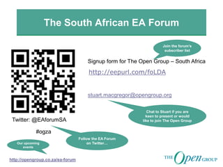 The South African EA Forum
http://eepurl.com/foLDA
Signup form for The Open Group – South Africa
Twitter: @EAforumSA
#ogza
stuart.macgregor@opengroup.org
Chat to Stuart if you are
keen to present or would
like to join The Open Group
Follow the EA Forum
on Twitter…
http://opengroup.co.za/ea-forum
Our upcoming
events
Join the forum’s
subscriber list
 
