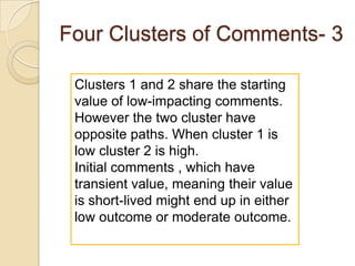 Analysis of Relation Build-upThe comments and responses to them created new relationships among commentators. The next slide shows the resulting network structure. The darkness of the connecting lines is directly proportional to the strength of relationships among commentators. Faint lines indicate weak ties.