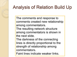 Statistics of Social Network StructureWe used NodeXL software to analyze the emerging structure. The next few slides highlight the important statistics for those  readers who might be interested.