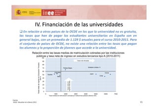 IV. Financiación de las universidadesIV. Financiación de las universidades
 En relación a otros países de la OCDE en los que la universidad no es gratuita,
las tasas que han de pagar los estudiantes universitarios en España son en
general bajas, con un promedio de 1.129 $ anuales para el curso 2010‐2011. Para
l j t d í d OCDE i t l ió t l tel conjunto de países de OCDE, no existe una relación entre las tasas que pagan
los alumnos y la proporción de jóvenes que accede a la universidad.
Relación entre las tasas medias de matriculación cobradas por las instituciones
úbli t t d i t di t i i ti A (2010 2011)
Países Bajos Estados Unidos70
80
90
100
Terciaria
Tasas más elevadas
públicas y tasa neta de ingreso en estudios terciarios tipo A (2010-2011)
ESPAÑA
Italia
Países Bajos
Chile
Austria
40
50
60
70
esoenEducaciónT
tipoA
Japón
Irlanda
0
10
20
30
Tasasnetasdeingre
Tasasnetasde
ingresomásaltas
11
Fuente:
OCDE. Education at a Glance 2013
0 1000 2000 3000 4000 5000 6000 7000
T
Tasas medias de matriculación cobradas por Instituciones públicas (dólares USA)
 