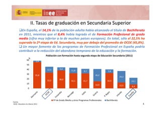 II. Tasas de graduación en Secundaria SuperiorII. Tasas de graduación en Secundaria Superior
En España, el 14,1% de la población adulta había alcanzado el título de BachilleratoEn España, el 14,1% de la población adulta había alcanzado el título de Bachillerato
en 2011, mientras que el 8,4% había logrado el de Formación Profesional de grado
medio (cifra muy inferior a la de muchos países europeos). En total, sólo el 22,5% ha
superado la 2ª etapa de Ed. Secundaria, muy por debajo del promedio de OCDE (45,8%).p p , y p j p ( , )
 Un mayor fomento de los programas de Formación Profesional en España podría
contribuir a la reducción del abandono temprano de la educación y la formación.
Población con formación hasta segunda etapa de Educación Secundaria (2011)
2,9
12 3 6 640
50
60
ob ac ó co o ac ó asta segu da etapa de ducac ó Secu da a ( 0 )
%
55,8
33,5 38,0
32,1 31,7 32,5
12,3 6,6
11,8 9,7
26,2
7,8
24,3
14,1
20
30
40
14,9 12,5 8,4
,
0
10
FP de Grado Medio y otros Programas Profesionales Bachillerato
4
Fuente:
OCDE. Education at a Glance 2013
 