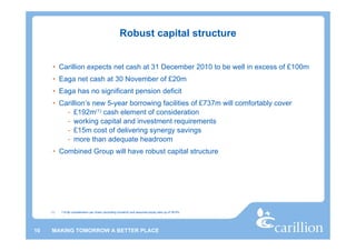 Robust capital structure


      • Carillion expects net cash at 31 December 2010 to be well in excess of £100m
      • Eaga net cash at 30 November of £20m
      • Eaga has no significant pension deficit
      • Carillion’s new 5-year borrowing facilities of £737m will comfortably cover
          - £192m(1) cash element of consideration
          - working capital and investment requirements
          - £15m cost of delivering synergy savings
          - more than adequate headroom
      • Combined Group will have robust capital structure




     (1)   118.8p consideration per share (excluding dividend) and assumes equity take up of 36.6%




10   MAKING TOMORROW A BETTER PLACE
 