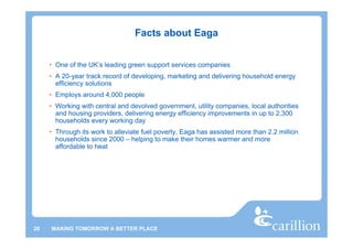 Facts about Eaga


     • One of the UK’s leading green support services companies
     • A 20-year track record of developing, marketing and delivering household energy
       efficiency solutions
     • Employs around 4,000 people
     • Working with central and devolved government, utility companies, local authorities
       and housing providers, delivering energy efficiency improvements in up to 2,300
       households every working day
     • Through its work to alleviate fuel poverty, Eaga has assisted more than 2.2 million
       households since 2000 – helping to make their homes warmer and more
       affordable to heat




28   MAKING TOMORROW A BETTER PLACE
 