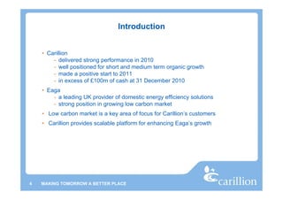 Introduction


    • Carillion
        - delivered strong performance in 2010
        - well positioned for short and medium term organic growth
        - made a positive start to 2011
        - in excess of £100m of cash at 31 December 2010
    • Eaga
        - a leading UK provider of domestic energy efficiency solutions
        - strong position in growing low carbon market
    • Low carbon market is a key area of focus for Carillion’s customers
    • Carillion provides scalable platform for enhancing Eaga’s growth




4   MAKING TOMORROW A BETTER PLACE
 