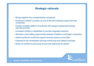 Strategic rationale


    • Brings together two complementary companies
    • Enhances Carillion’s position as one of the UK’s leading support services
      companies
    • Creates scalable platform to build the UK’s largest independent energy
      services provider
    • Increases Carillion’s capabilities to provide integrated solutions
    • Attractive cross-selling opportunities between Carillion’s and Eaga’s customers
    • Historic proforma combined support services revenue circa £3bn
    • Expected to be immediately earnings enhancing even before synergies
    • Builds on Carillion’s previously announced objectives for growth




6   MAKING TOMORROW A BETTER PLACE
 