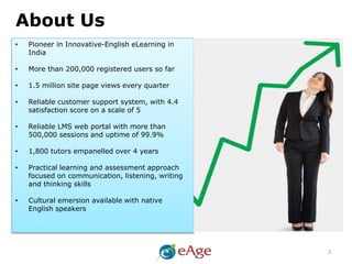 About Us
• Pioneer in Innovative-English eLearning in
India
• More than 200,000 registered users so far
• 1.5 million site page views every quarter
• Reliable customer support system, with 4.4
satisfaction score on a scale of 5
• Reliable LMS web portal with more than
500,000 sessions and uptime of 99.9%
• 1,800 tutors empanelled over 4 years
• Practical learning and assessment approach
focused on communication, listening, writing
and thinking skills
• Cultural emersion available with native
English speakers
2
 