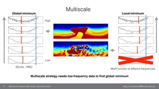 oleg.ovcharenko@kaust.edu.saVariance-based salt body reconstruction9
(Bunks, 1995)
Global-minimum Local-minimum
Multiscale strategy needs low-frequency data to ﬁnd global minimum
Misﬁt function at different frequencies
Multiscale
Low
High
 