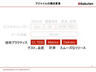 アジャイルの構成要素	




            プロセス 顧客満足 要求、仕様
ビジネス/ユーザー    Lean     UX    ATDD, BDD

  チーム活動               Scrum

技術プラクティス    CI, TDD   Metrics    Delivery
           テスト、品質     計測        スムーズなリリース




                                            17	
 
