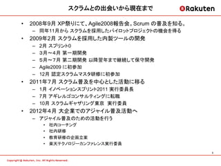 スクラムとの出会いから現在まで	

&bull;    2008年9月 XP祭りにて、Agile2008報告会。Scrum の普及を知る。
     &ndash;  同年11月から スクラムを採用したパイロットプロジェクトの機会を得る
&bull;    2009年2月 スクラムを採用した内製ツールの開発
     &ndash;    2月 スプリント0
     &ndash;    ３月〜４月 第一期開発
     &ndash;    ５月〜７月 第二期開発 以降翌年まで継続して保守開発
     &ndash;    Agile2009 に初参加
     &ndash;    12月 認定スクラムマスタ研修に初参加
&bull;    2011年７月 スクラム普及を中心とした活動に移る
     &ndash;  1月 イノベーションスプリント2011 実行委員長
     &ndash;  7月 アギレルゴコンサルティングに転職
     &ndash;  10月 スクラムギャザリング東京 実行委員
&bull;    2012年４月 大企業でのアジャイル普及活動へ
     &ndash;  アジャイル普及のための活動を行う
          &bull;    社内コーチング
          &bull;    社内研修
          &bull;    教育研修の企画立案
          &bull;    楽天テクノロジーカンファレンス実行委員
                                                 3	
 