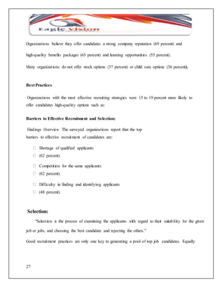 Organizat ions believe they offer candidates a strong company reputation (69 percent) and 
high-quality benefits packages (65 percent) and learning opportunit ies (55 percent). 
Many organizat ions do not offer stock options (37 percent) or child care options (36 percent). 
Best Practices 
Organizations with the most effective recruit ing strategies were 15 to 19 percent more likely to 
offer candidates high-quality options such as: 
Barriers to Effective Recruitment and Selection: 
Findings Overview The surveyed organizations report that the top 
barriers to effective recruitment of candidates are: 
27 
Shortage of qualified applicants 
(62 percent). 
Competit ion for the same applicants 
(62 percent). 
Difficulty in finding and identifying applicants 
(48 percent). 
Selection: 
“Select ion is the process of examining the applicants with regard to their suitability for the given 
job or jobs, and choosing the best candidate and rejecting the others.” 
Good recruitment practices are only one key to generating a pool of top job candidates. Equally 
 