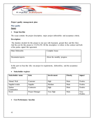 Project quality management plan: 
Plan quality 
Inputs 
 Scope baseline 
The scope contains the project description, major project deliverables and acceptance criteria. 
Description: 
The duration decided for this project is one year with basement, ground floor and first floor. 
And the cost for this project is 15,254,350. All this description is written in the contract and both 
of the parties signed this agreement. 
Main Deliverable Complete house 
Documents/reports About the monthly progress 
In this part we base line (fix) our project its requirements, deliverables, and the acceptance 
criteria 
 Stakeholder register 
Stakeholder name Role Involvement Priority impact 
Ahmad Wali Customer High Main Positive 
Supplier/vender Supplier Medium Main Positive 
Zadran 
Construction 
41 
Contractor High Main Positive 
Noori Project Manager Very High Main Very 
Positive 
 Cost Performance baseline 
 