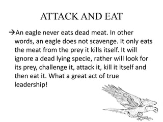 ATTACK AND EAT
An eagle never eats dead meat. In other
words, an eagle does not scavenge. It only eats
the meat from the prey it kills itself. It will
ignore a dead lying specie, rather will look for
its prey, challenge it, attack it, kill it itself and
then eat it. What a great act of true
leadership!
 