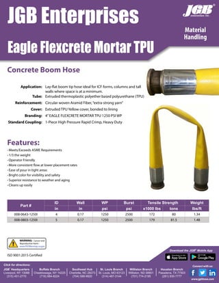 Concrete Boom Hose
Material
Handling
JGB Enterprises
Eagle Flexcrete Mortar TPU
Features:
• Meets/Exceeds ASME Requirements
• 1/3 the weight
• Operator Friendly
• More consistent flow at lower placement rates
• Ease of pour in tight areas
• Bright color for visibility and safety
• Superior resistance to weather and aging
• Cleans up easily
Part #
ID Wall WP Burst Tensile Strength Weight
in in psi psi x1000 lbs tons lbs/ft
008-0643-1250I 4 0.17 1250 2500 172 80 1.34
008-0803-1250I 5 0.17 1250 2500 179 81.5 1.48
Application: Lay-flat boom tip hose ideal for ICF forms, columns and tall
walls where space is at a minimum.
Tube: Extruded thermoplastic polyether based polyurethane (TPU)
Reinforcement: Circular woven Aramid Fiber,“extra-strong yarn”
Cover: Extruded TPU Yellow cover, bonded to lining
Branding: 4”EAGLE FLEXCRETE MORTAR TPU 1250 PSI WP
Standard Coupling: 1-Piece High Pressure Rapid Crimp, Heavy Duty
®
JGB
®
Headquarters
Liverpool, NY 13088
(315) 451-2770
Buffalo Branch
Cheektowaga, NY 14225
(716) 684-8224
Southeast Hub
Charlotte, NC 28273
(704) 588-9920
St. Louis Branch
St. Louis, MO 63123
(314) 487-3144
Williston Branch
Williston, ND 58801
(701) 774-2195
Houston Branch
Pasadena, TX 77503
(281) 930-7777
Click for directions:
Download the JGB®
Mobile App
Connect with us:
www.jgbhose.com
ISO 9001:2015 Certified
WARNING: Cancer and
Reproductive Harm -
www.P65Warnings.ca.gov
 