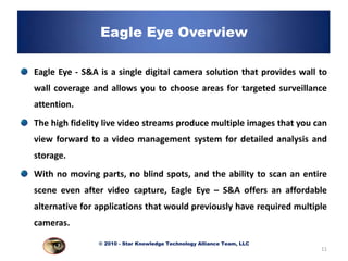 Eagle Eye Overview

Eagle Eye - S&A is a single digital camera solution that provides wall to
wall coverage and allows you to choose areas for targeted surveillance
attention.
The high fidelity live video streams produce multiple images that you can
view forward to a video management system for detailed analysis and
storage.
With no moving parts, no blind spots, and the ability to scan an entire
scene even after video capture, Eagle Eye – S&A offers an affordable
alternative for applications that would previously have required multiple
cameras.

                © 2010 - Star Knowledge Technology Alliance Team, LLC
                                                                        11
 