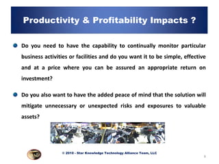 Productivity & Profitability Impacts ?

Do you need to have the capability to continually monitor particular
business activities or facilities and do you want it to be simple, effective
and at a price where you can be assured an appropriate return on
investment?

Do you also want to have the added peace of mind that the solution will
mitigate unnecessary or unexpected risks and exposures to valuable
assets?




                © 2010 - Star Knowledge Technology Alliance Team, LLC
                                                                           8
 