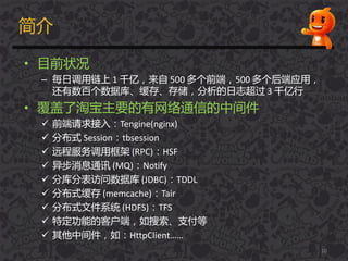 简介
• 目前状况
– 每日调用链上 1 千亿，来自 500 多个前端，500 多个后端应用，
还有数百个数据库、缓存、存储，分析的日志超过 3 千亿行
• 覆盖了淘宝主要的有网络通信的中间件
 前端请求接入：Tengine(nginx)
 分布式 Session：tbsession
 进程服务调用框架 (RPC)：HSF
 异步消息通讯 (MQ)：Notify
 分库分表访问数据库 (JDBC)：TDDL
 分布式缓存 (memcache)：Tair
 分布式文件系统 (HDFS)：TFS
 特定功能的客户端，如搜索、支付等
 其他中间件，如：HttpClient……
10
 