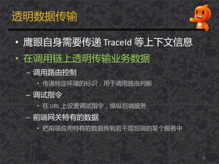 透明数据传输
• 鹰眼自身需要传递 TraceId 等上下文信息
• 在调用链上透明传输业务数据
– 调用路由控制
• 传递特定环境的标识，用于调用路由判断
– 调试指令
• 在 URL 上设置调试指令，操纵后端服务
– 前端网关特有的数据
• 把前端应用特有的数据传到若干层后端的某个服务中
31
 