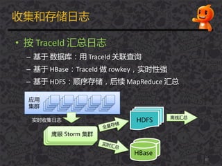 收集和存储日志
• 按 TraceId 汇总日志
– 基于 数据库：用 TraceId 关联查询
– 基于 HBase：TraceId 做 rowkey，实时性强
– 基于 HDFS：顺序存储，后续 MapReduce 汇总
47
应用
集群
鹰眼 Storm 集群
实时收集日志
HBase
HBase
HDFS
离线汇总
 