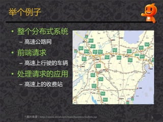 丼个例子
• 整个分布式系统
– 高速公路网
• 前端请求
– 高速上行驶的车辆
• 处理请求的应用
– 高速上的收费站
6* 图片来源：http://www.etcsd.com/main/business/outlets.jsp
 