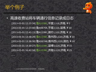 丼个例子
• 高速收费站将车辆通行信息记录成日志
[2013-05-01 12:23:34] 鲁A123BC,平度2,S16,济南,￥0
[2013-05-01 12:23:40] 鲁A987DE,平度2,S16,淄博,￥10
[2013-05-01 12:43:15] 鲁A123BC,潍坊1,S20,济南,￥18
[2013-05-01 13:38:29] 鲁A123BC,青州西1,G20,济南,￥10
[2013-05-01 13:38:30] 鲁A567AB,青州西2,G20,潍坊,￥10
[2013-05-01 14:39:27] 鲁A123BC,淄博3,G20,济南,￥15
[2013-05-01 16:42:58] 鲁A123BC,济南3,G20,济南,￥25
……
7* 上述内容仅作举例示意说明用，纯属虚构
 