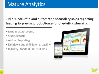 19
Mature Analytics
Timely, accurate and automated secondary sales reporting
leading to precise production and scheduling planning
• Dynamic Dashboards
• Static Reports
• Ad-Hoc Reporting
• Drilldown and drill down capability
• Industry Standard Pre Built KPIs
 