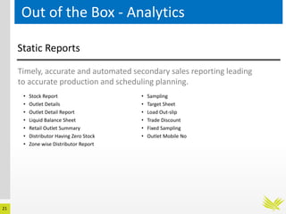 21
Out of the Box - Analytics
Static Reports
Timely, accurate and automated secondary sales reporting leading
to accurate production and scheduling planning.
• Stock Report
• Outlet Details
• Outlet Detail Report
• Liquid Balance Sheet
• Retail Outlet Summary
• Distributor Having Zero Stock
• Zone wise Distributor Report
• Sampling
• Target Sheet
• Load Out-slip
• Trade Discount
• Fixed Sampling
• Outlet Mobile No
 