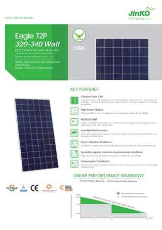 www.jinkosolar.com
KEY FEATURES
Eagle 72P
Positive power tolerance of 0~+3%
320-340 Watt
POLY CRYSTALLINE MODULE
ISO9001:2008、ISO14001:2004、OHSAS18001
certified factory.
IEC61215、IEC61730 certified products.
Power
Warranty
2400 Pa
5400 Pa
RESISTANT
LOW LIGHT
CLIMATE
DURABILITY
Polycrystalline 72-cell module achieves a power output up to 340Wp.
High Power Output:
Advanced glass and surface texturing allow for excellent performance in
low-light environments.
Low-light Performance:
Certified to withstand: wind load (2400 Pascal) and snow load (5400 Pascal).
Severe Weather Resilience:
High salt mist and ammonia resistance certified by TUV NORD.
Durability against extreme environmental conditions:
Improved temperature coefficient decreases power loss during high
temperatures.
Temperature Coefficient:
5 Busbar Solar Cell:
5 busbar solar cell adopts new technology to improve the efficiency of
modules , offers a better aesthetic appearance, making it perfect for rooftop
installation.
(5BB)
LINEAR PERFORMANCE WARRANTY
10 Year Product Warranty 25 Year Linear Power Warranty
80.7%
90%
97.5%
100%
1 5 12 25
years
GuaranteedPowerPerformance
linear performance warranty
Standard performance warrantyAdditional value from Jinko Solar’s linear warranty
PID RESISTANT
Eagle modules pass PID test, limited power degradation by PID test is
guaranteed for mass production.
PID RESISTANT:
 