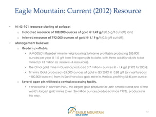 Eagle Mountain: Current (2012) Resource

•   NI 43-101 resource starting at surface:
     o   Indicated resource of 188,000 ounces of gold @ 1.49 g/t (0.5 g/t cut off) and
     o   Inferred resource of 792,000 ounces of gold @ 1.19 g/t (0.5 g/t cut off).
•   Management believes:
     o   Grade is profitable.
           •   IAMGOLD’s Rosebel mine in neighbouring Suriname profitably producing 385,000
               ounces per year @ 1.0 g/t from five open pits to date, with three additional pits to be
               mined (> 13 million oz reserves & resources).
           •   The Omai gold mine in Guyana produced 3.7 million+ ounces @ ~1.4 g/t (1993 to 2005).
           •   Timmins Gold produced ~25,000 ounces of gold in Q3 2012 @ 0.88 g/t (annual forecast
               ~100,000 ounces ) from its San Francisco gold mine in Mexico, profiting $945 per ounce.
     o   Several open pits will feed a central processing facility.
           •   Yanacocha in northern Peru, the largest gold producer in Latin America and one of the
               world’s largest gold mines (over 26-million ounces produced since 1993), produces in
               this way.




                                                                                                         13
 