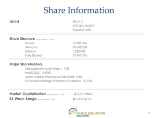 Share Information
Listed                                           TSX.V: Z
                                                 OTCQX: EMGCF
                                                 Frankfurt: E9X


Share Structure (as at February 11, 2013)
              Issued                             37,083,526
              Warrants                           19,638,250
              Options                            1,220,000
              Fully Diluted                      57,941,776


Major Shareholders
              Management and insiders: 15%
              IAMGOLD: 14.93%
              Sprott Gold & Precious Metals Fund: 3.8%
              European holdings: estimated at approx. 10-12%



Market Capitalization (as at February 7, 2013)   ~$12.19 million
52-Week Range (as at February 7, 2013)           $0.14 to $1.20



                                                                   24
 
