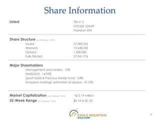 Share Information
Listed                                           TSX.V: Z
                                                 OTCQX: SDMTF
                                                 Frankfurt: E9X


Share Structure (as at February 11, 2013)
              Issued                             37,083,526
              Warrants                           19,638,250
              Options                            1,220,000
              Fully Diluted                      57,941,776


Major Shareholders
              Management and insiders: 15%
              IAMGOLD: 14.93%
              Sprott Gold & Precious Metals Fund: 3.8%
              European holdings: estimated at approx. 10-12%



Market Capitalization (as at February 7, 2013)   ~$12.19 million
52-Week Range (as at February 7, 2013)           $0.14 to $1.20



                                                                   24
 