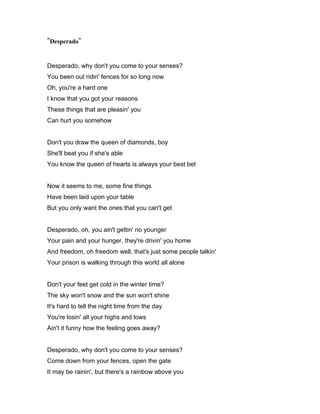 Desperado Lyrics - Eagles - Only on JioSaavn