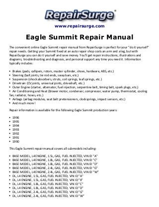 www.repairsurge.com 
Eagle Summit Repair Manual 
The convenient online Eagle Summit repair manual from RepairSurge is perfect for your "do it yourself" 
repair needs. Getting your Summit fixed at an auto repair shop costs an arm and a leg, but with 
RepairSurge you can do it yourself and save money. You'll get repair instructions, illustrations and 
diagrams, troubleshooting and diagnosis, and personal support any time you need it. Information 
typically includes: 
Brakes (pads, callipers, rotors, master cyllinder, shoes, hardware, ABS, etc.) 
Steering (ball joints, tie rod ends, sway bars, etc.) 
Suspension (shock absorbers, struts, coil springs, leaf springs, etc.) 
Drivetrain (CV joints, universal joints, driveshaft, etc.) 
Outer Engine (starter, alternator, fuel injection, serpentine belt, timing belt, spark plugs, etc.) 
Air Conditioning and Heat (blower motor, condenser, compressor, water pump, thermostat, cooling 
fan, radiator, hoses, etc.) 
Airbags (airbag modules, seat belt pretensioners, clocksprings, impact sensors, etc.) 
And much more! 
Repair information is available for the following Eagle Summit production years: 
1996 
1995 
1994 
1993 
1992 
1991 
1990 
This Eagle Summit repair manual covers all submodels including: 
BASE MODEL, L4 ENGINE, 1.5L, GAS, FUEL INJECTED, VIN ID "A" 
BASE MODEL, L4 ENGINE, 1.8L, GAS, FUEL INJECTED, VIN ID "C" 
BASE MODEL, L4 ENGINE, 1.8L, GAS, FUEL INJECTED, VIN ID "D" 
BASE MODEL, L4 ENGINE, 2.4L, GAS, FUEL INJECTED, VIN ID "G" 
BASE MODEL, L4 ENGINE, 2.4L, GAS, FUEL INJECTED, VIN ID "W" 
DL, L4 ENGINE, 1.5L, GAS, FUEL INJECTED, VIN ID "A" 
DL, L4 ENGINE, 1.5L, GAS, FUEL INJECTED, VIN ID "X" 
DL, L4 ENGINE, 1.8L, GAS, FUEL INJECTED, VIN ID "C" 
DL, L4 ENGINE, 1.8L, GAS, FUEL INJECTED, VIN ID "D" 
DL, L4 ENGINE, 2.4L, GAS, FUEL INJECTED, VIN ID "G" 
DL, L4 ENGINE, 2.4L, GAS, FUEL INJECTED, VIN ID "W" 
 