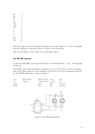 RO        2
RE        3
DE        4
DI        5
SRL       6
GND       7
TXP       8
Y         9
Z        10
B        11
A        12
RXP      13
VCC      14


The ﬁnal thing to do before saving the library is to set the preﬁx to IC. This is the preﬁx
used for naming the component when it is added to the schematics.
Now save the library, and go back to the schematics editor.


4.6 RS-485 interface

To add the MAX3089, ﬁrst import the library by selecting Library → Use. . . and opening
the library.
You should now be able to add the component (add max3089*@max). Place the compo-
nent in the upper right part of the schematic and add the rest of the components and nets
for the RS-485 subsystem, as shown in ﬁgure 6.


IC3         MAX3089SO                  MAX3089SO        SO14        max
C8          100nF                      C-EUC1206        C1206       rcl
CON3                                   ML6              ML6         con-ml
CON4                                   ML6              ML6         con-ml


                                                                           VEXT
                                     100nF




                                                                5
                                                                3
                                                                1




                                                                           5
                                                                           3
                                                                           1
                                C8




                                                         CON3




                                                                    CON4
                                             VCC




                              IC3
                                                                6
                                                                4
                                                                2




                                                                           6
                                                                           4
                                                                           2




                          2                        12
                               RO       A
                          3                        11
                               RE       B
                                                   13
                                      RXP
                          5
                               DI
                          4
                               DE
                                                   9
                                         Y
                          1                        10
                               H/F       Z
                          6                        8
                               SRL     TXP
                              MAX3089SO


                               Figure 6: The RS-485 subsystem




                                                                                         9
 