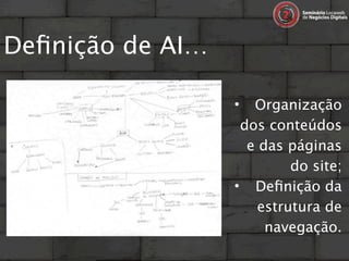 Deﬁnição de AI…

                  •  Organização
                   dos conteúdos
                    e das páginas
                           do site;
                  • Deﬁnição da
                      estrutura de
                       navegação.
 