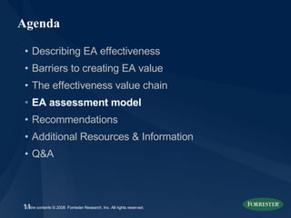Agenda Describing EA effectiveness Barriers to creating EA value The effectiveness value chain  EA assessment model Recommendations Additional Resources & Information Q&A 