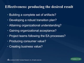 Effectiveness: producing the desired result Building a complete set of artifacts? Developing a robust transition plan? Attaining organizational understanding? Gaining organizational acceptance? Project teams following the EA processes? Producing consumer value? Creating business value? 